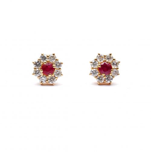 Yellow gold earrings with diamonds 0.75 ct and ruby 0.42 ct
