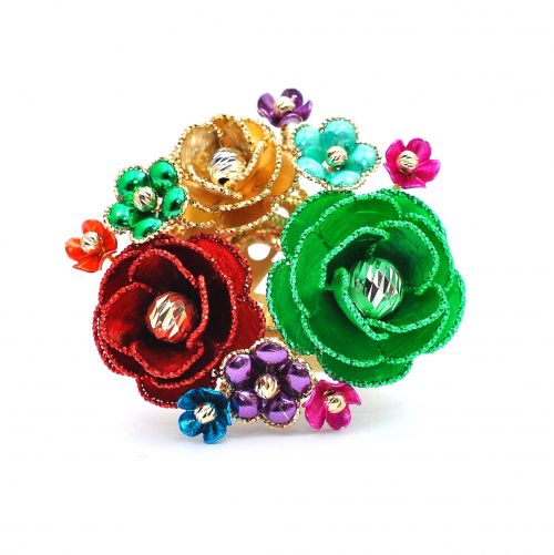 Yellow, red, purple, pink and green gold flower ring