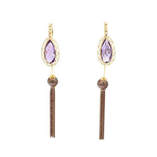 Yellow and brown gold earrings with amethyst