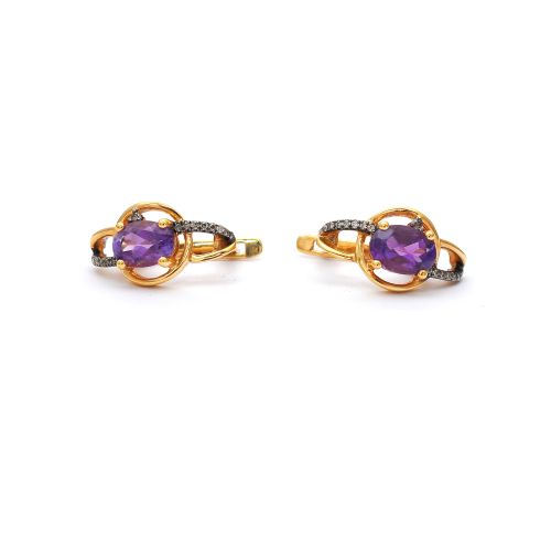 Yellow gold earrings with diamonds 0.11 ct and amethyst 1.56 ct