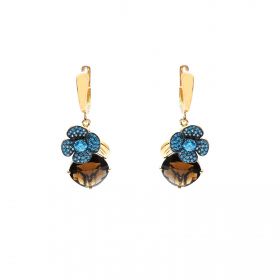 Yellow gold earrings blue topaz and smoky quartz