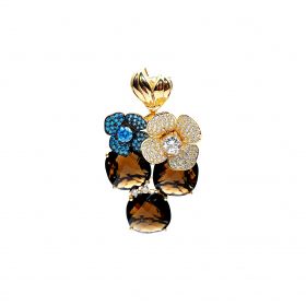 Yellow gold pendant with smoky quartz, blue topaz and zircons