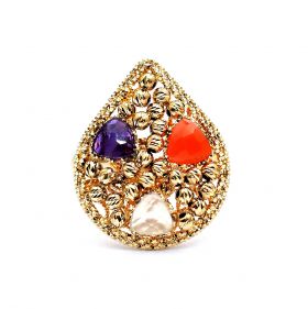Yellow gold  ring with quartz, amethyst and chalcedony