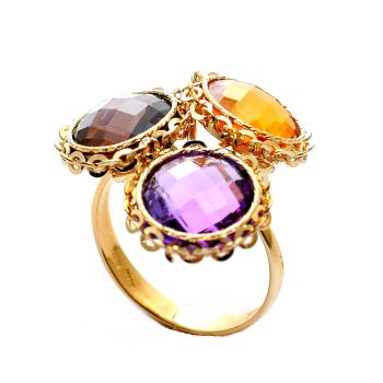Yellow gold  ring with amethyst, smoky quartz and yellow topaz
