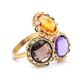 Yellow gold  ring with amethyst, smoky quartz and yellow topaz
