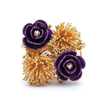 Inel din aur galben și violet de 14K decorat cu floare