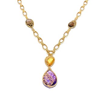 Yellow gold necklace with smoky quartz,amethyst and yellow topaz