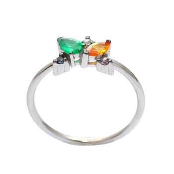 White gold ring with emerald 0.17 ct and colored sapphyre 0.26 ct