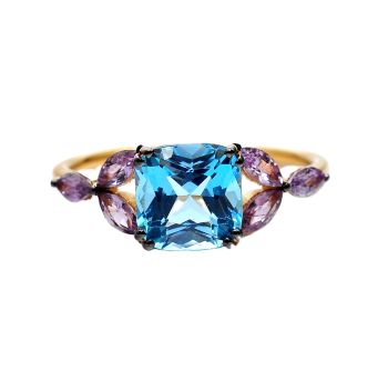 Yellow gold ring with pink  saphyre 0.25 ct and aquamarine 1.87 ct